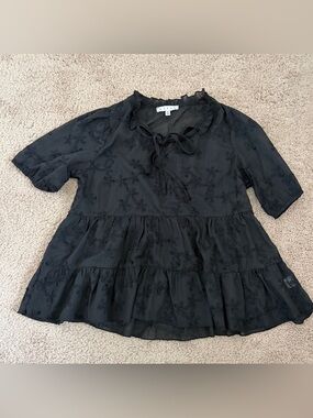 HYFVE Black Embroidered Ruffle Tie-Neck Blouse